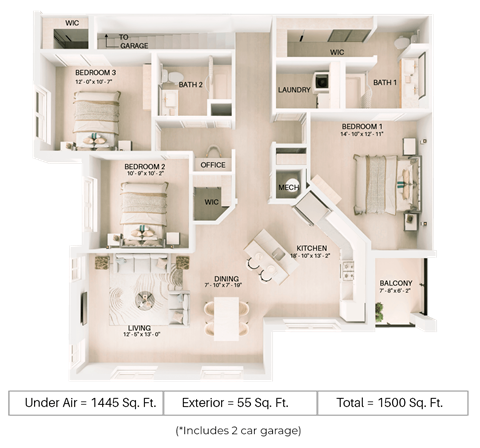 Floor plan for 3 beds, 2 baths, 1445 sqft